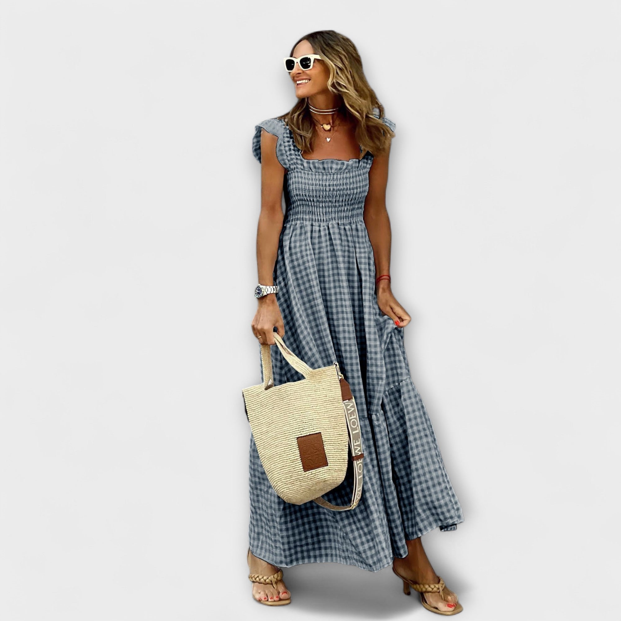 Geruite maxi-jurk met ruchesmouwen