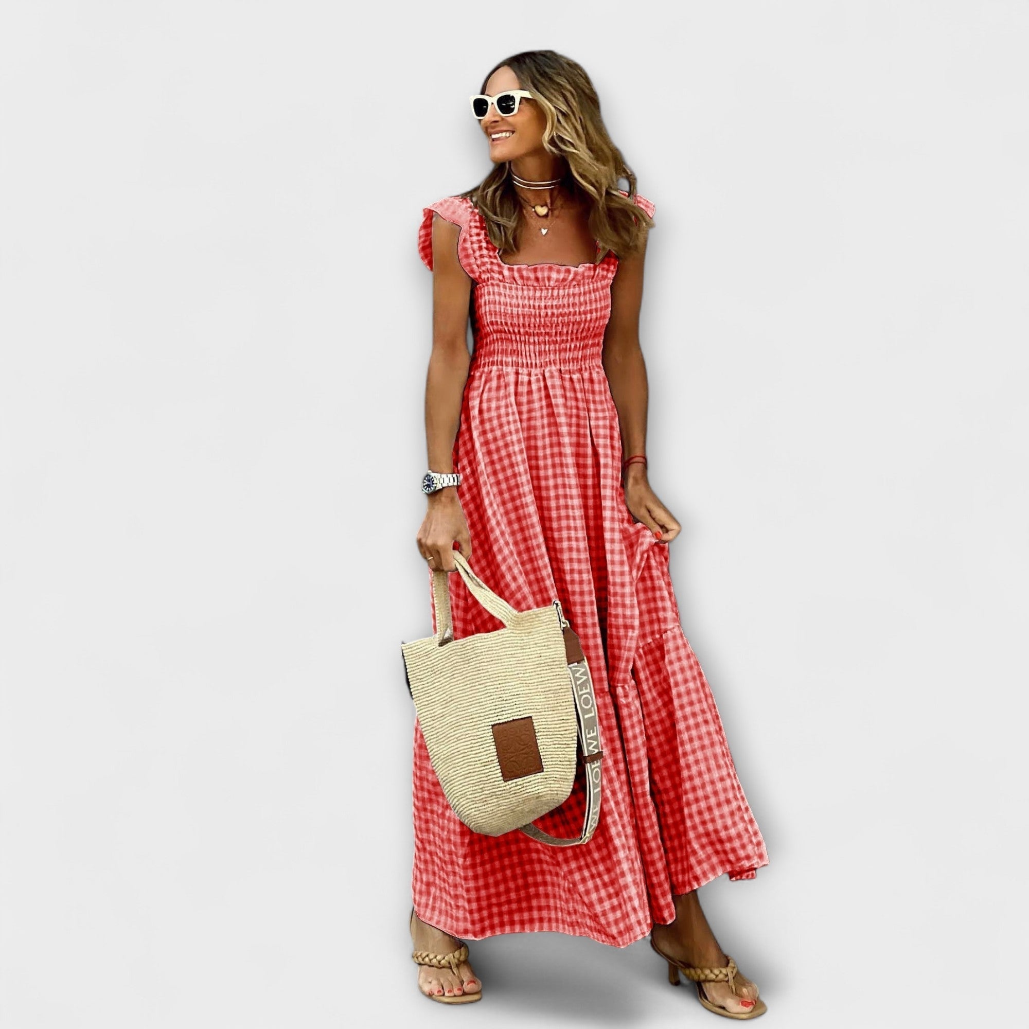 Geruite maxi-jurk met ruchesmouwen