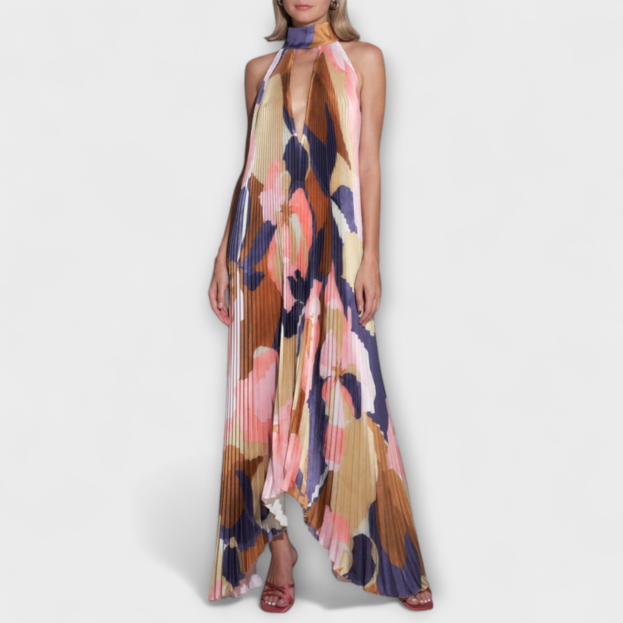 Vida - Chique geplooide halterhals rugloze midi-jurk met bandjesdesign