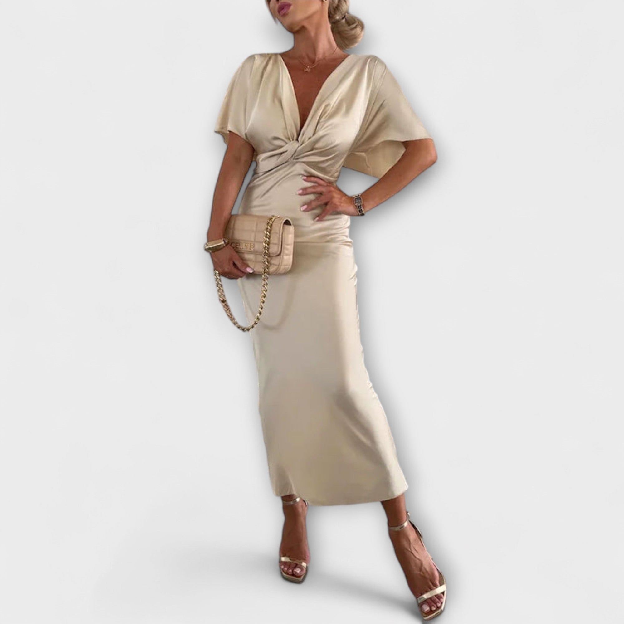 Sable - Effen Satijnen V-hals Met Gekruiste Knoop Slim Fit Maxi Jurk