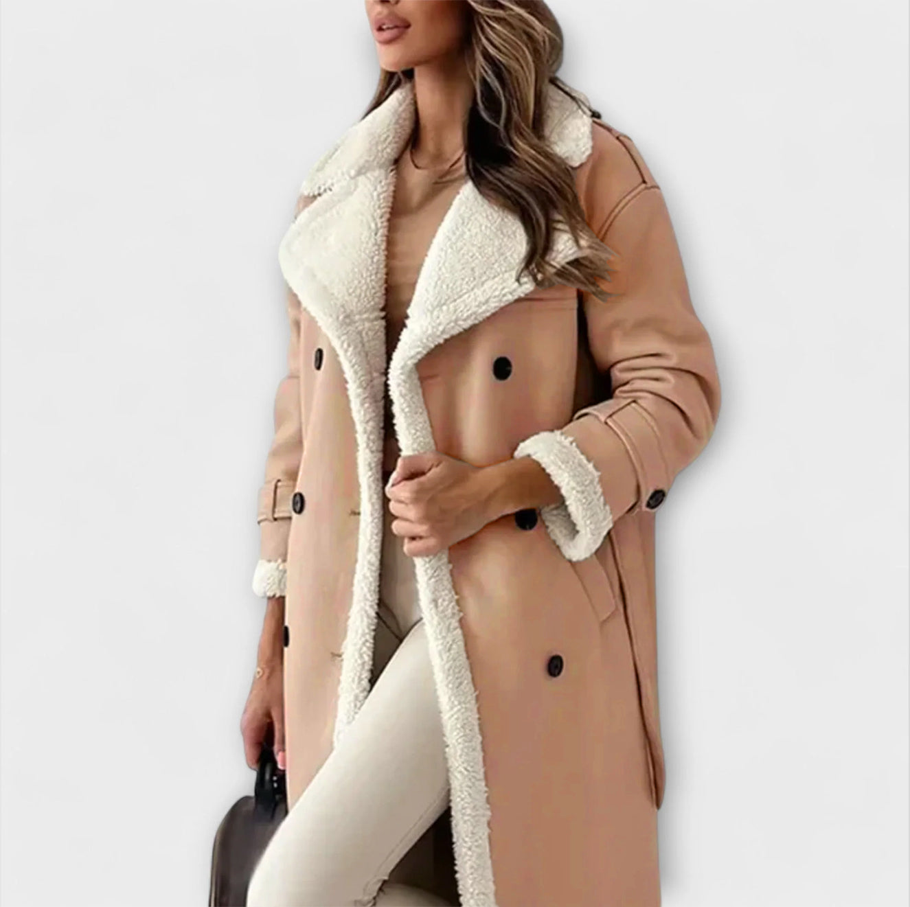 Maria - Schwarze lange klassische Jacke mit Fellfutter