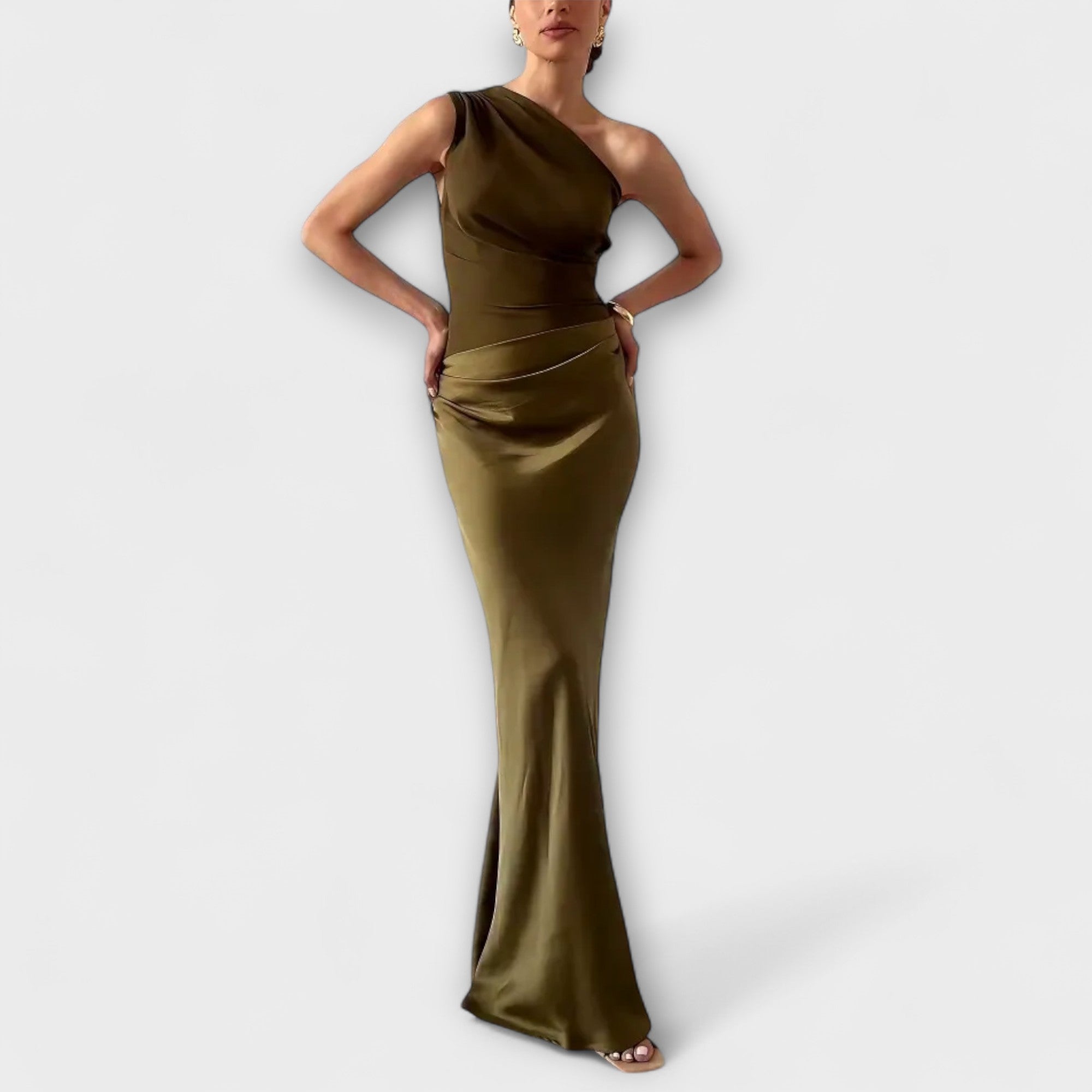 Elegante Maxi Jurk met Eén Schouder en Plooi