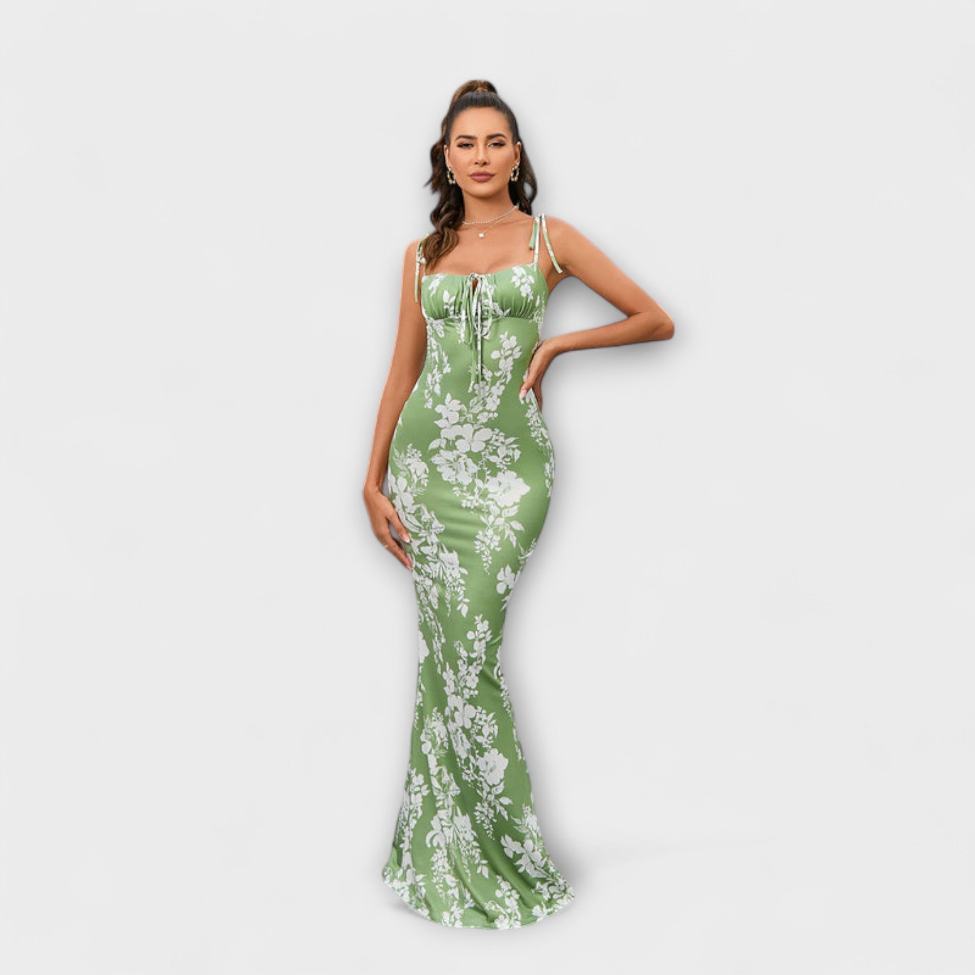 Thalia – Ballkleid mit Blumenmuster und gebundenen Schulterträgern