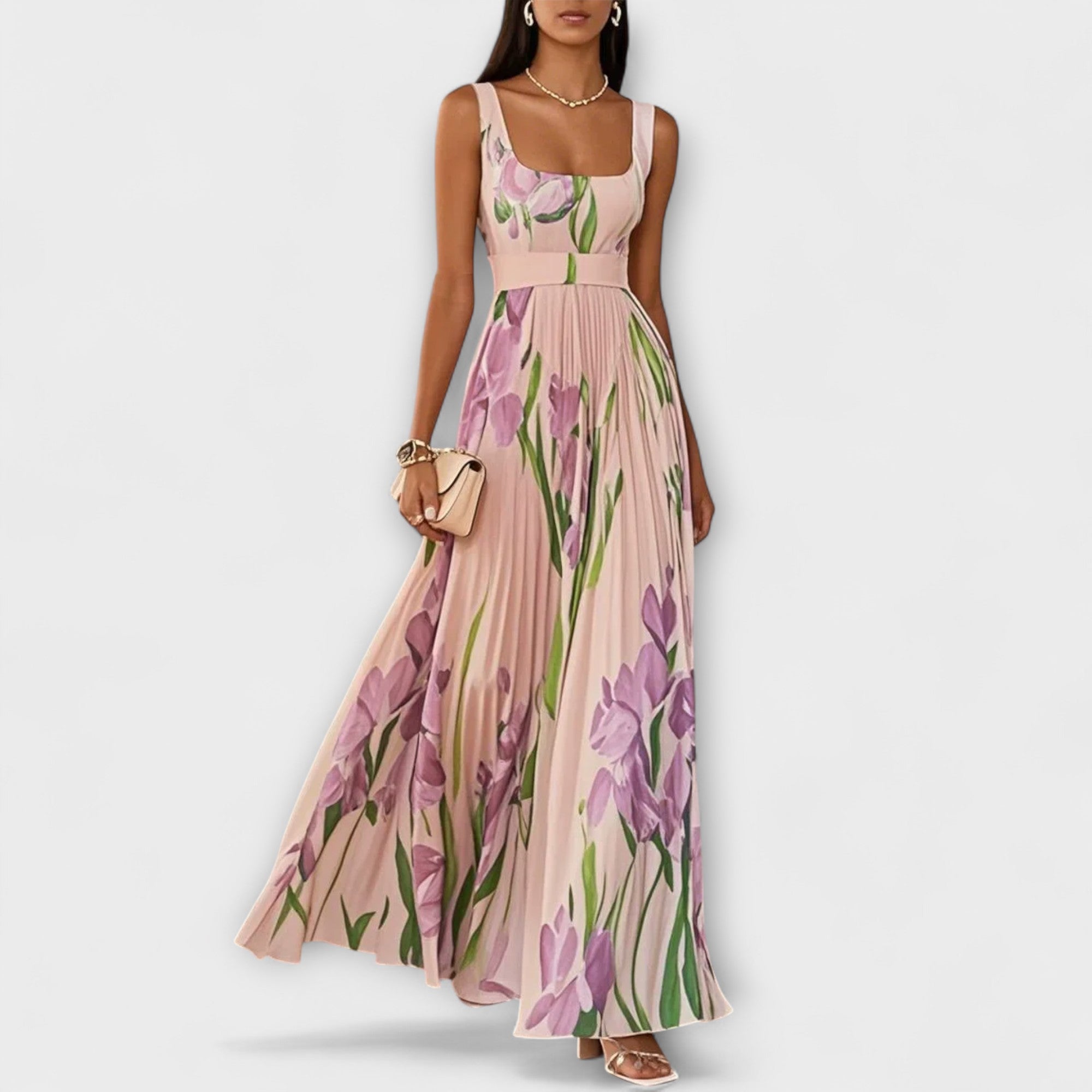 Geplooide maxi-jurk van bloemenchiffon