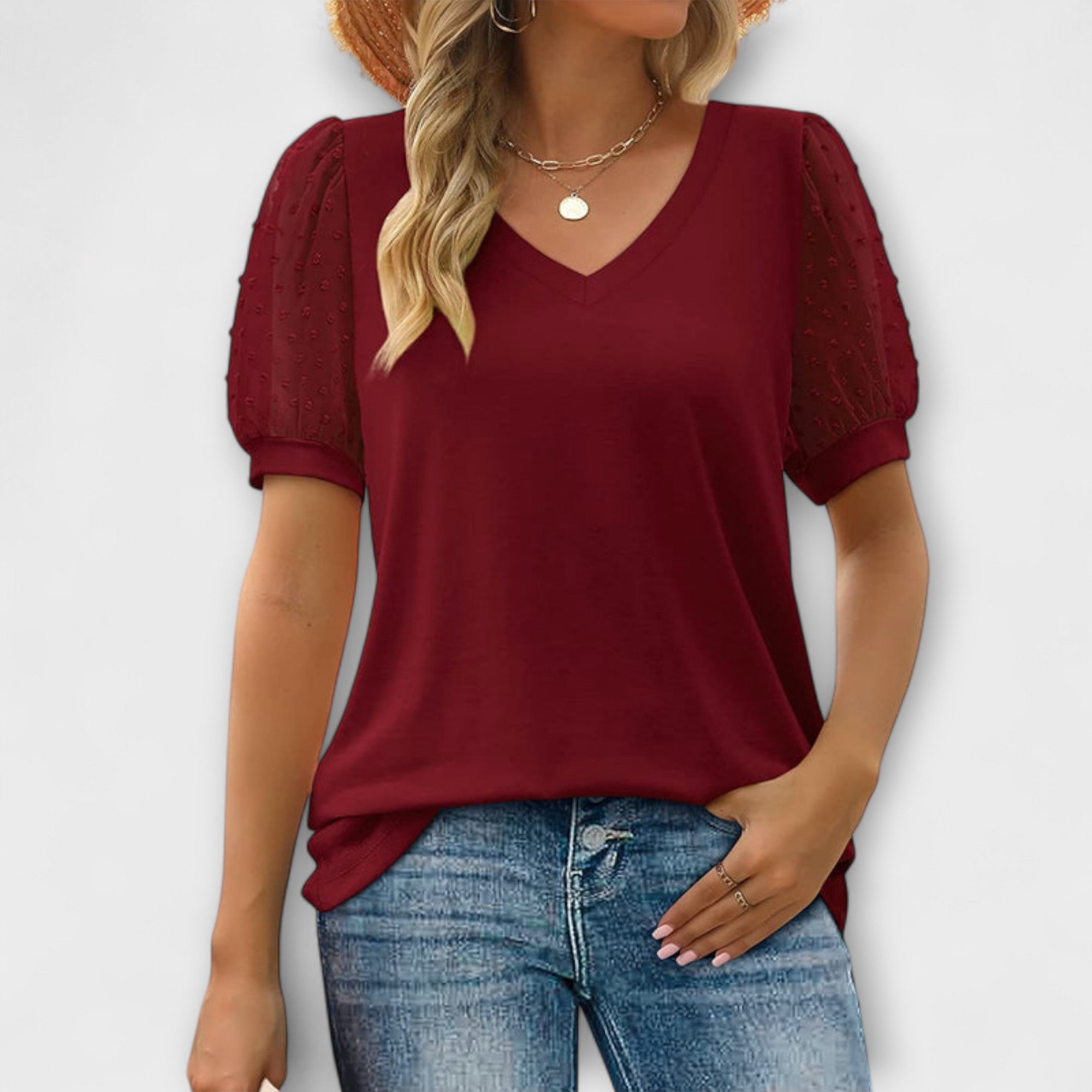 Rema - V-hals Top met Transparante Mouwen
