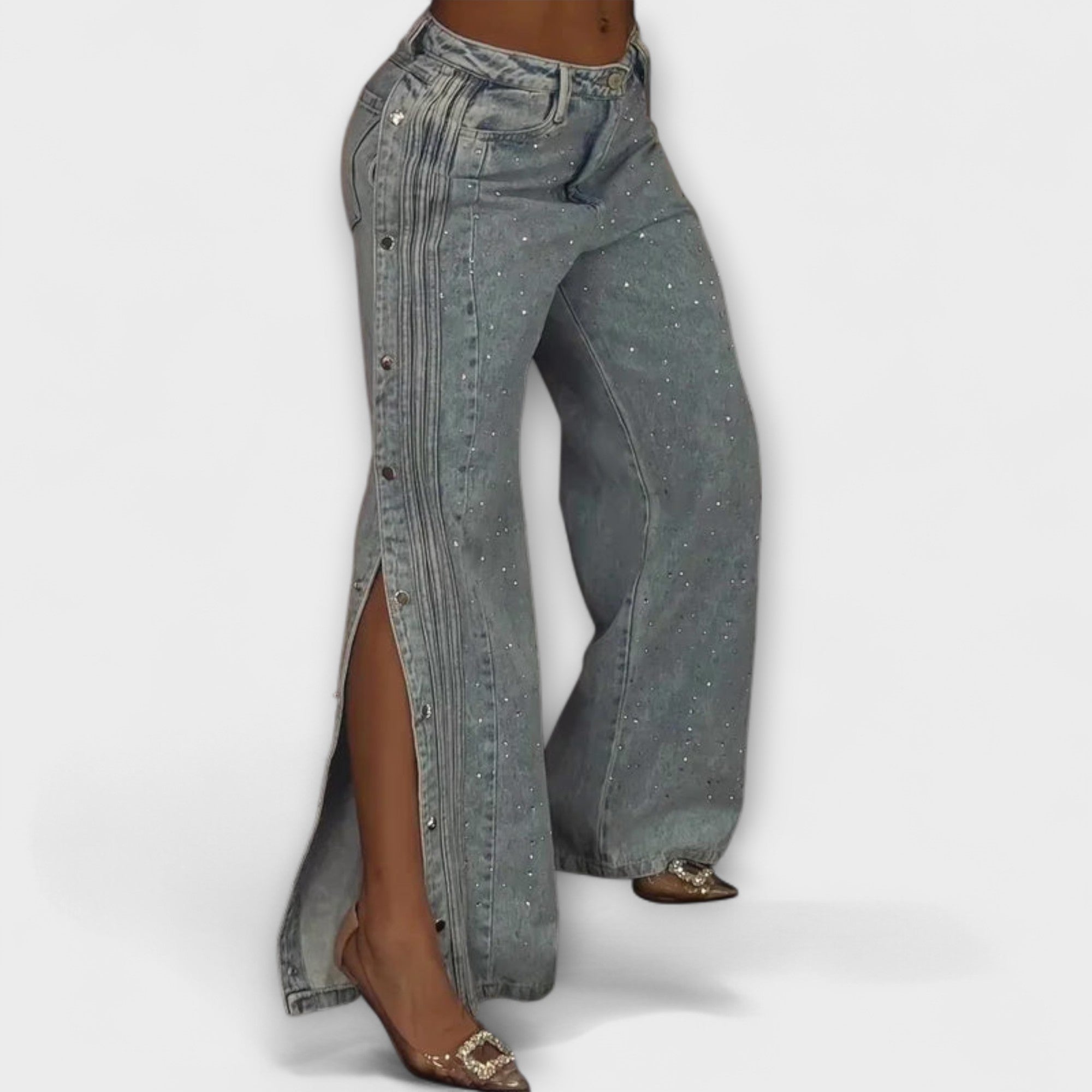 Nola - Jeans met hoge taille, strasversiering en knopen aan de zijkant