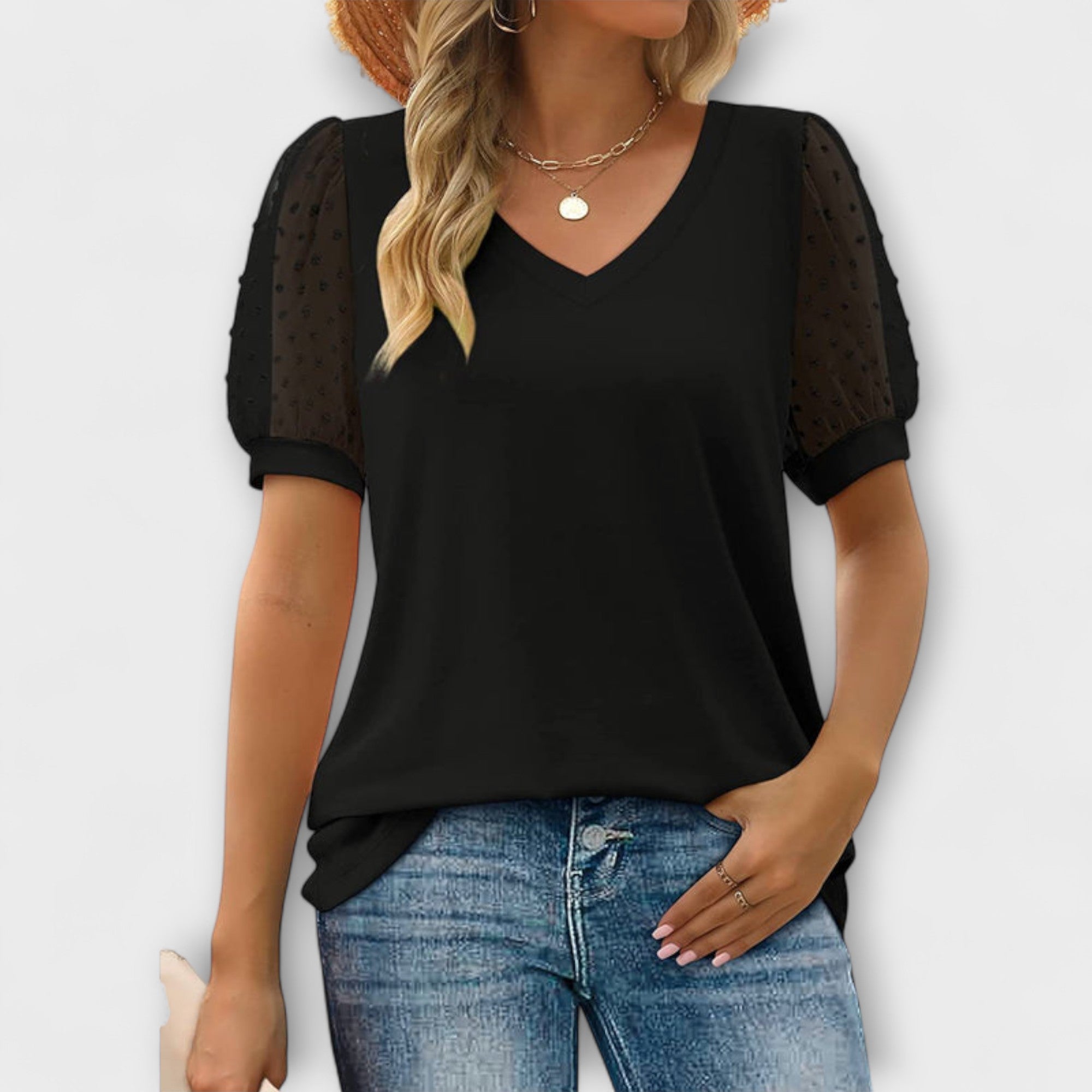 Rema - V-hals Top met Transparante Mouwen