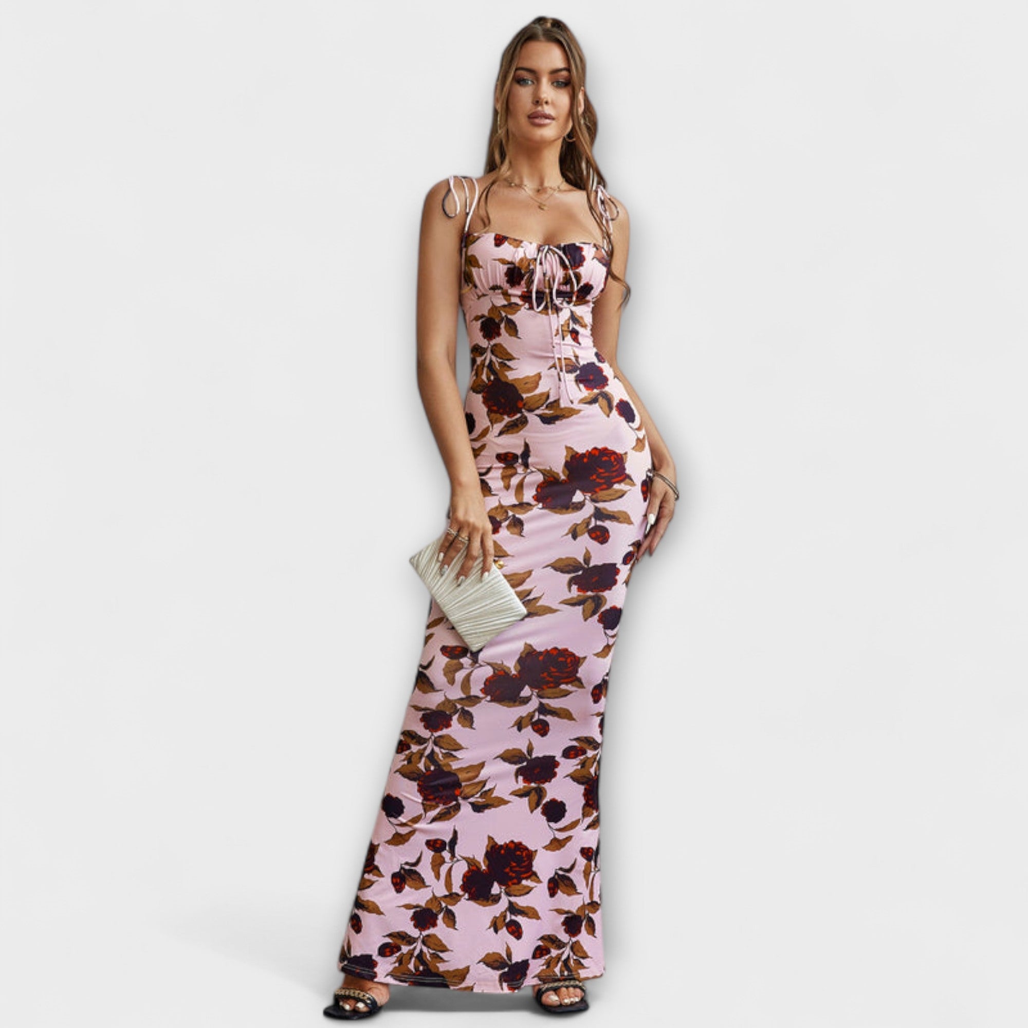 Thalia – Ballkleid mit Blumenmuster und gebundenen Schulterträgern