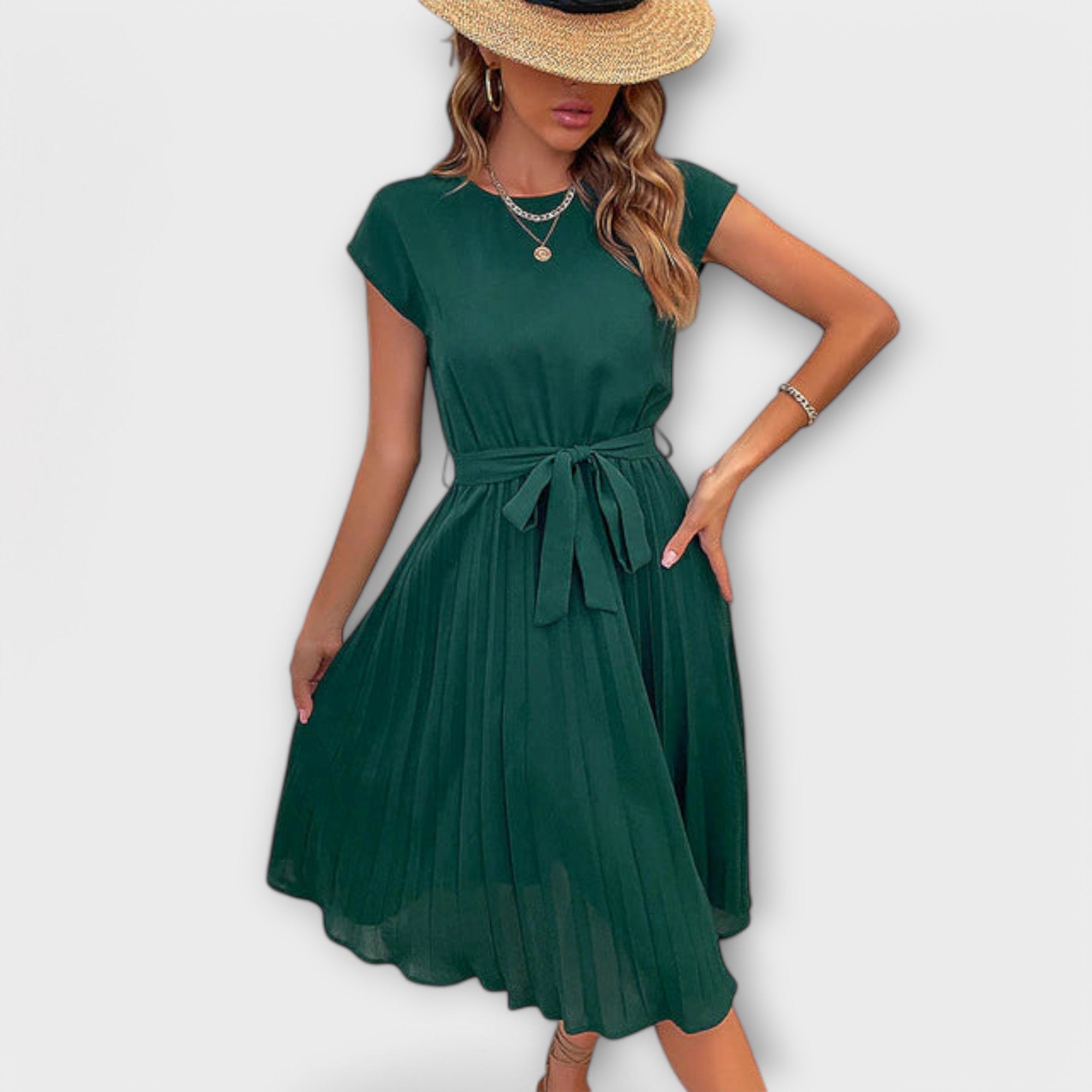 Claire - Korte mouwen, geplooid, casual midijurk