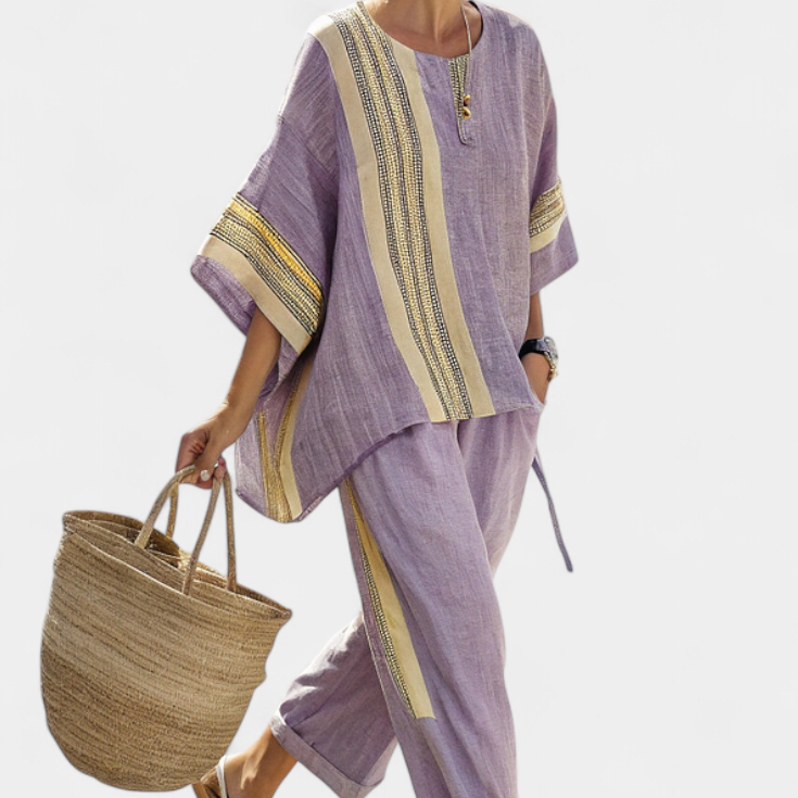 Lorena - Lila Boho-Set aus Leinen und Bambus
