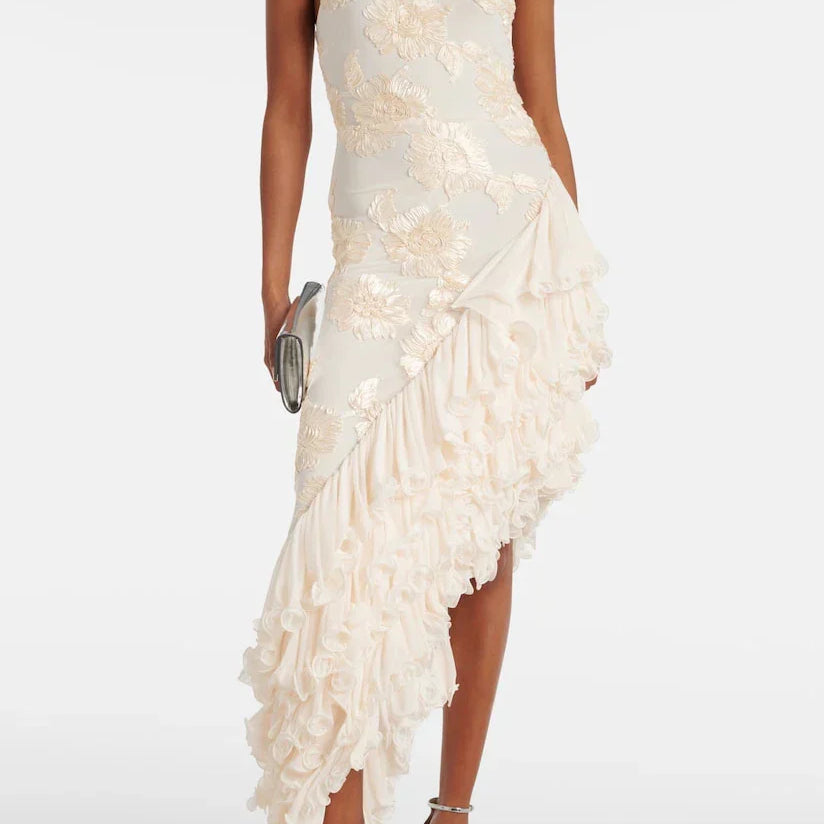 Karen - Cremefarbenes Maxikleid mit Blütenapplikationen