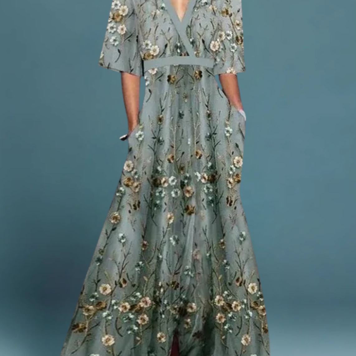 Rute - Graugrünes Maxikleid mit floralem Muster