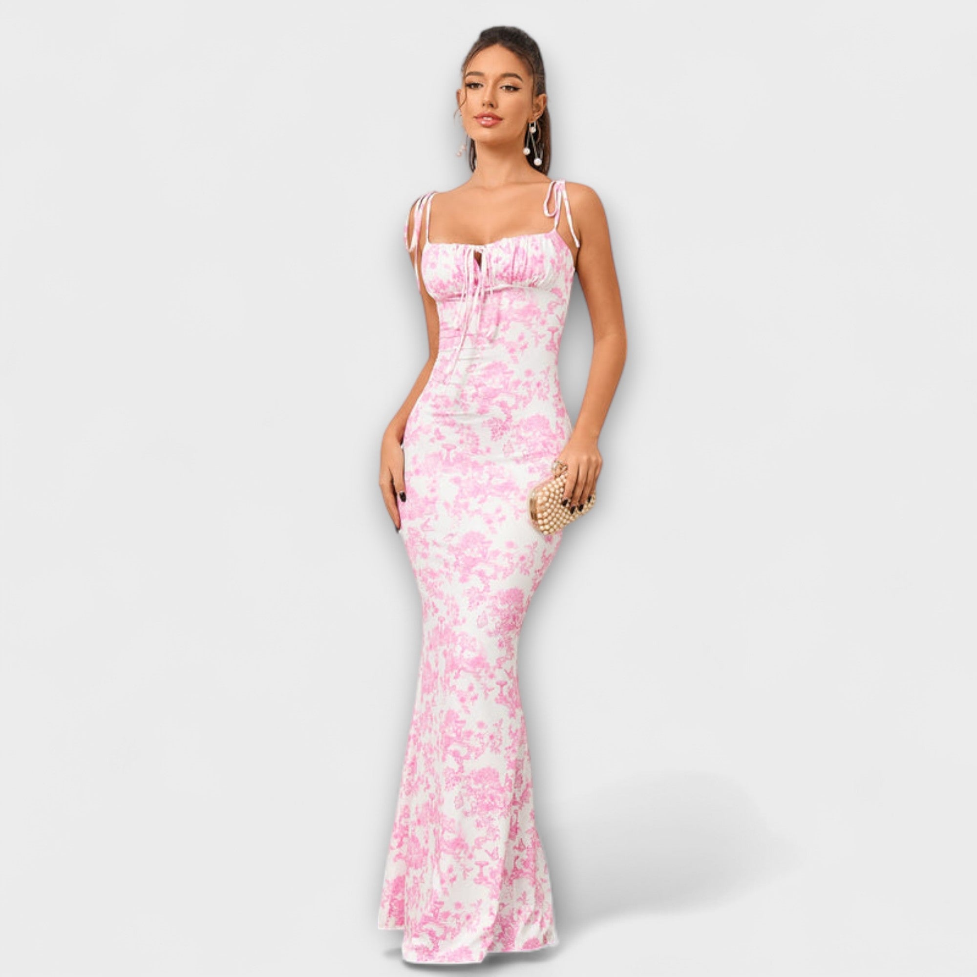 Thalia – Ballkleid mit Blumenmuster und gebundenen Schulterträgern