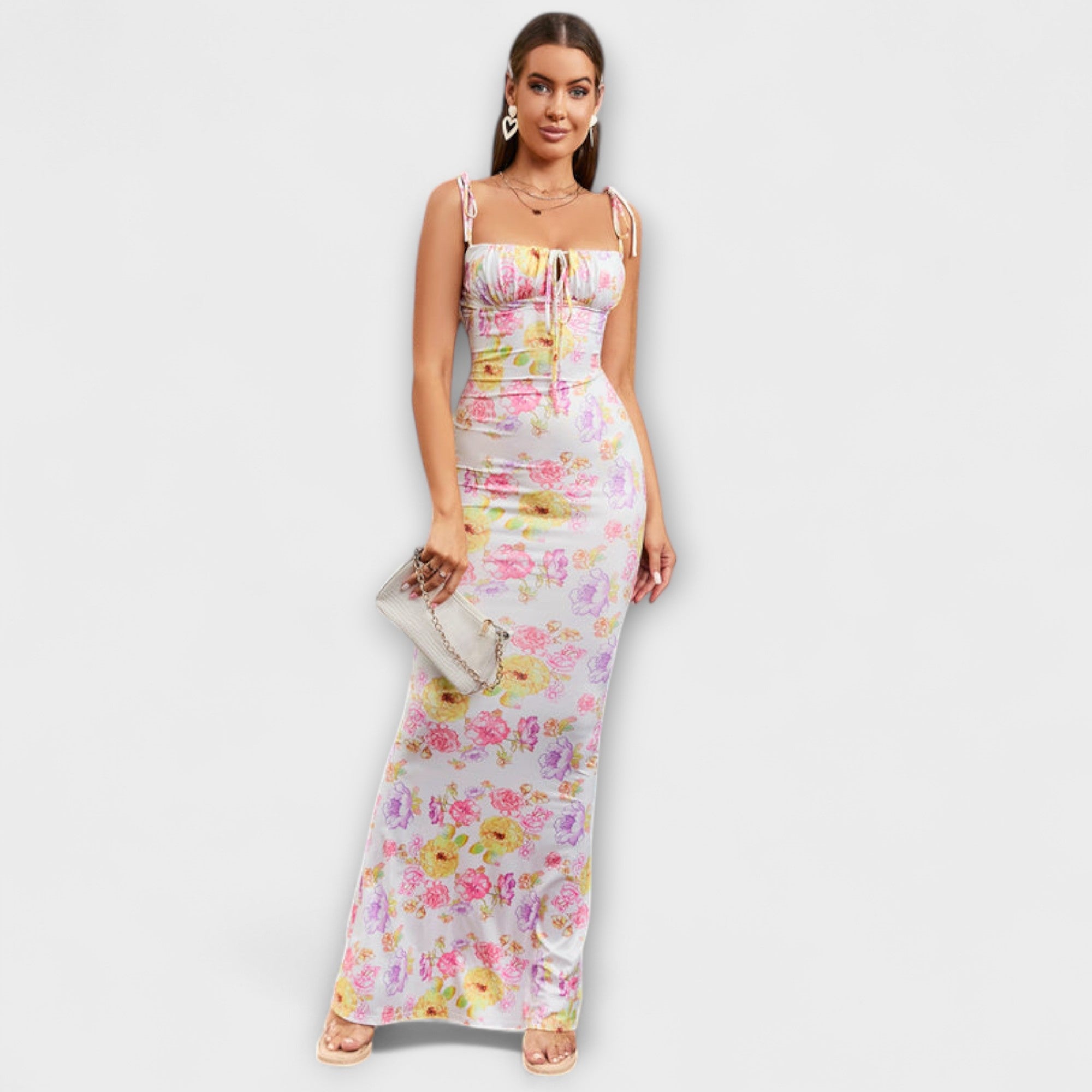 Thalia – Ballkleid mit Blumenmuster und gebundenen Schulterträgern