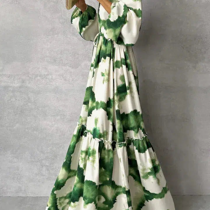 Gabriela - Grün-weisses elegantes Langkleid