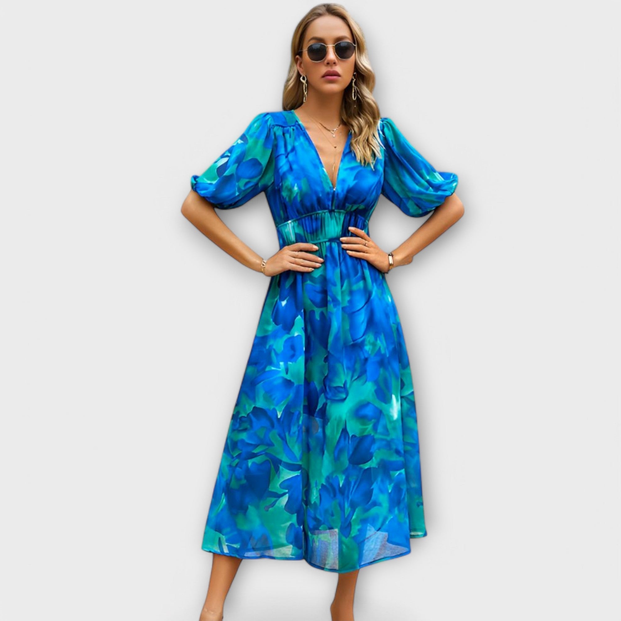 Abstracte maxi-jurk met pofmouwen