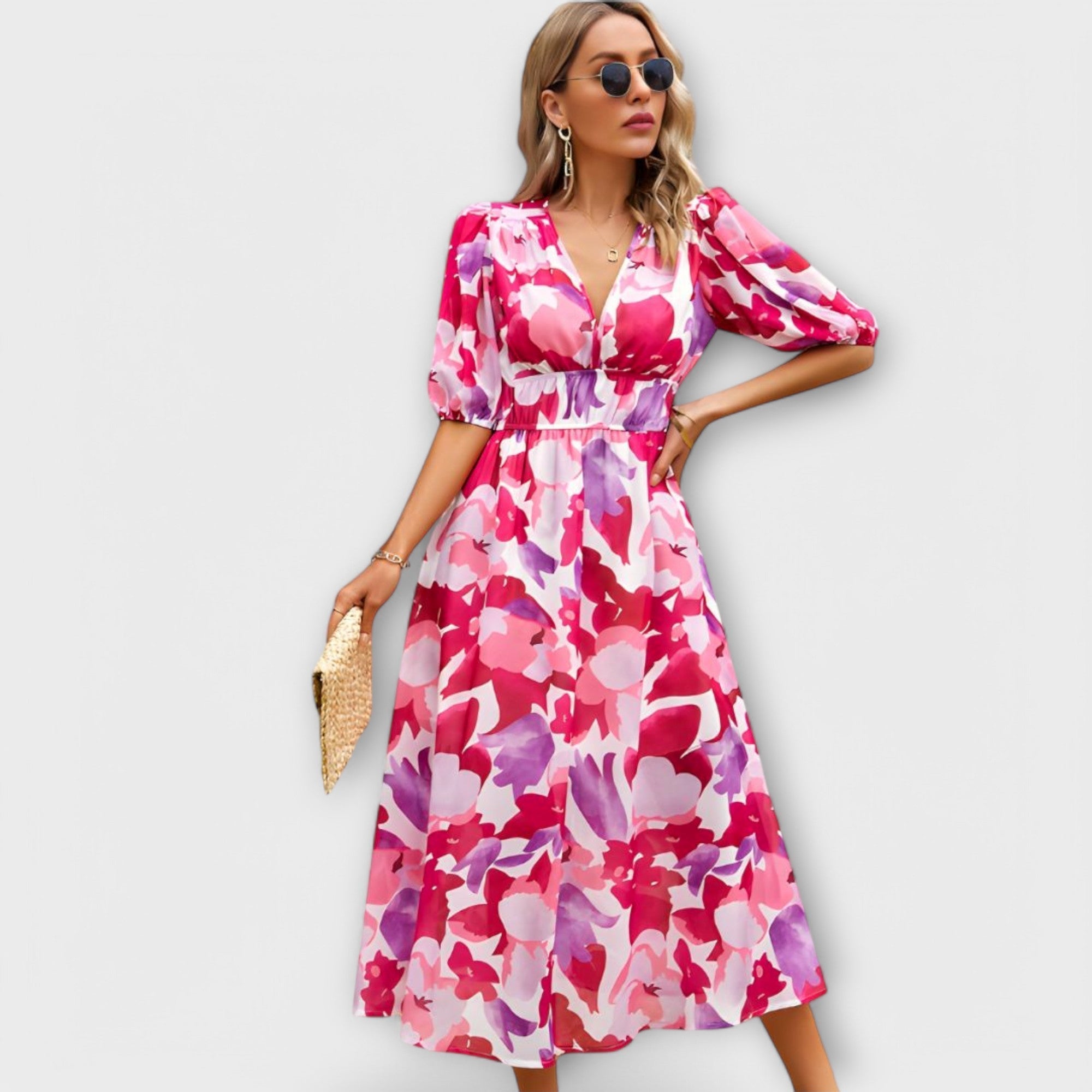 Abstracte maxi-jurk met pofmouwen