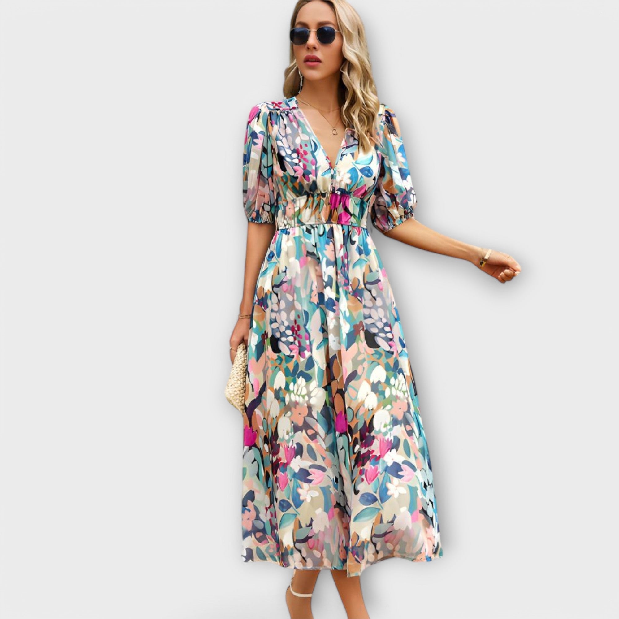 Abstracte maxi-jurk met pofmouwen