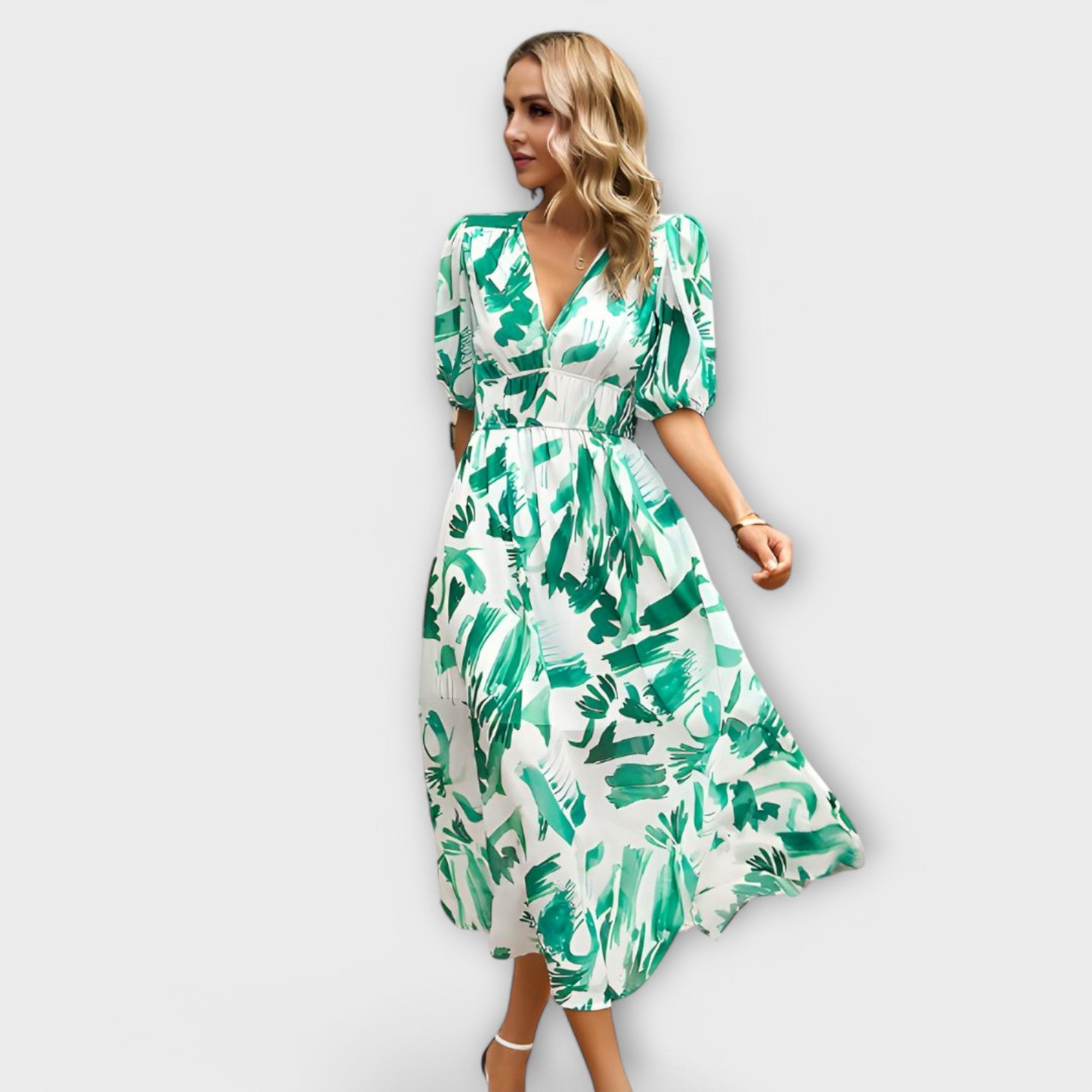 Abstracte maxi-jurk met pofmouwen