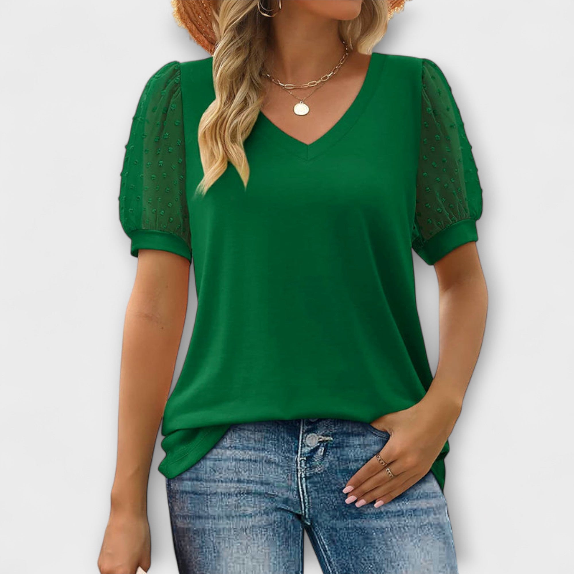 Rema - V-hals Top met Transparante Mouwen