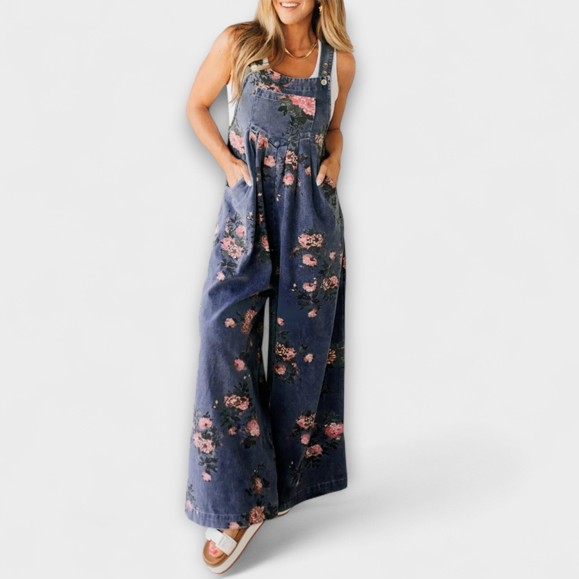 Bethany - Denim salopette met wijde pijpen en bloemenprint