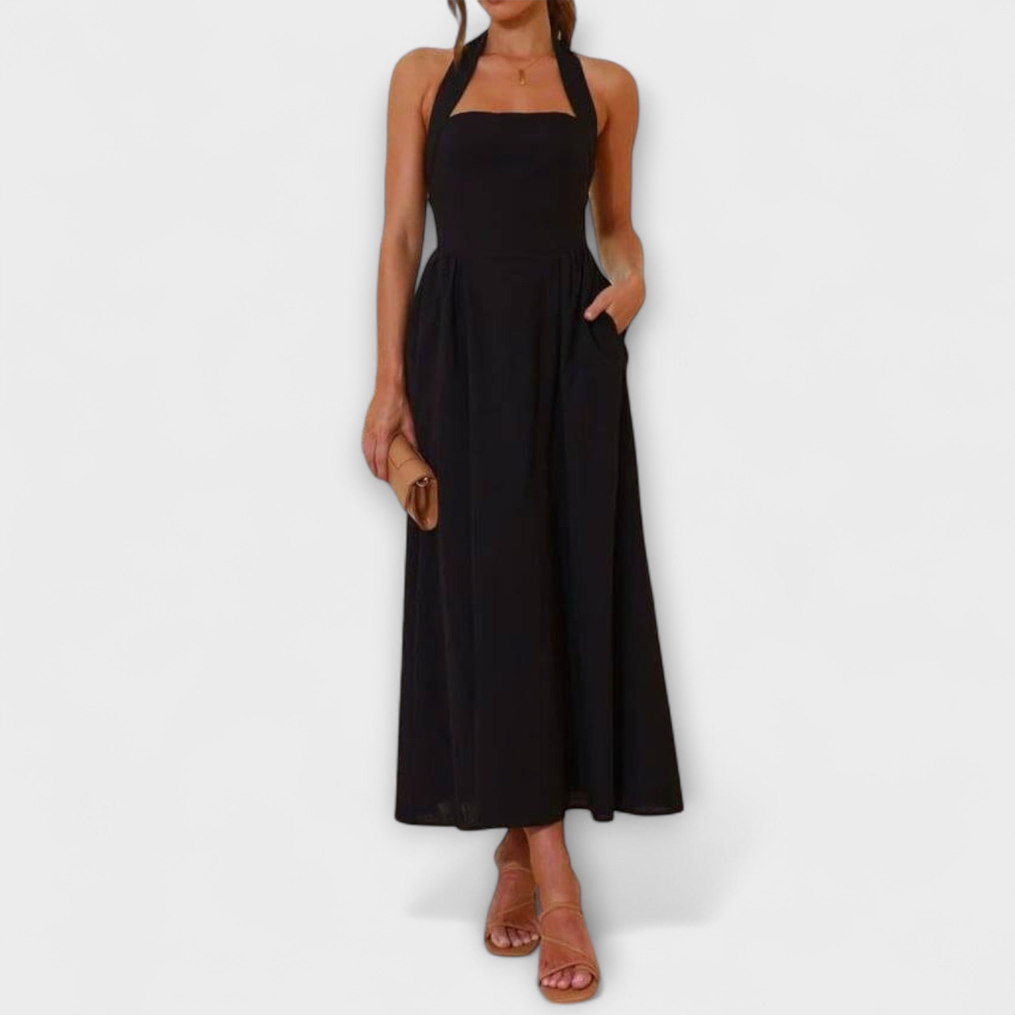 Lydia – Midilanges Neckholderkleid in Schwarz mit Taillendetail
