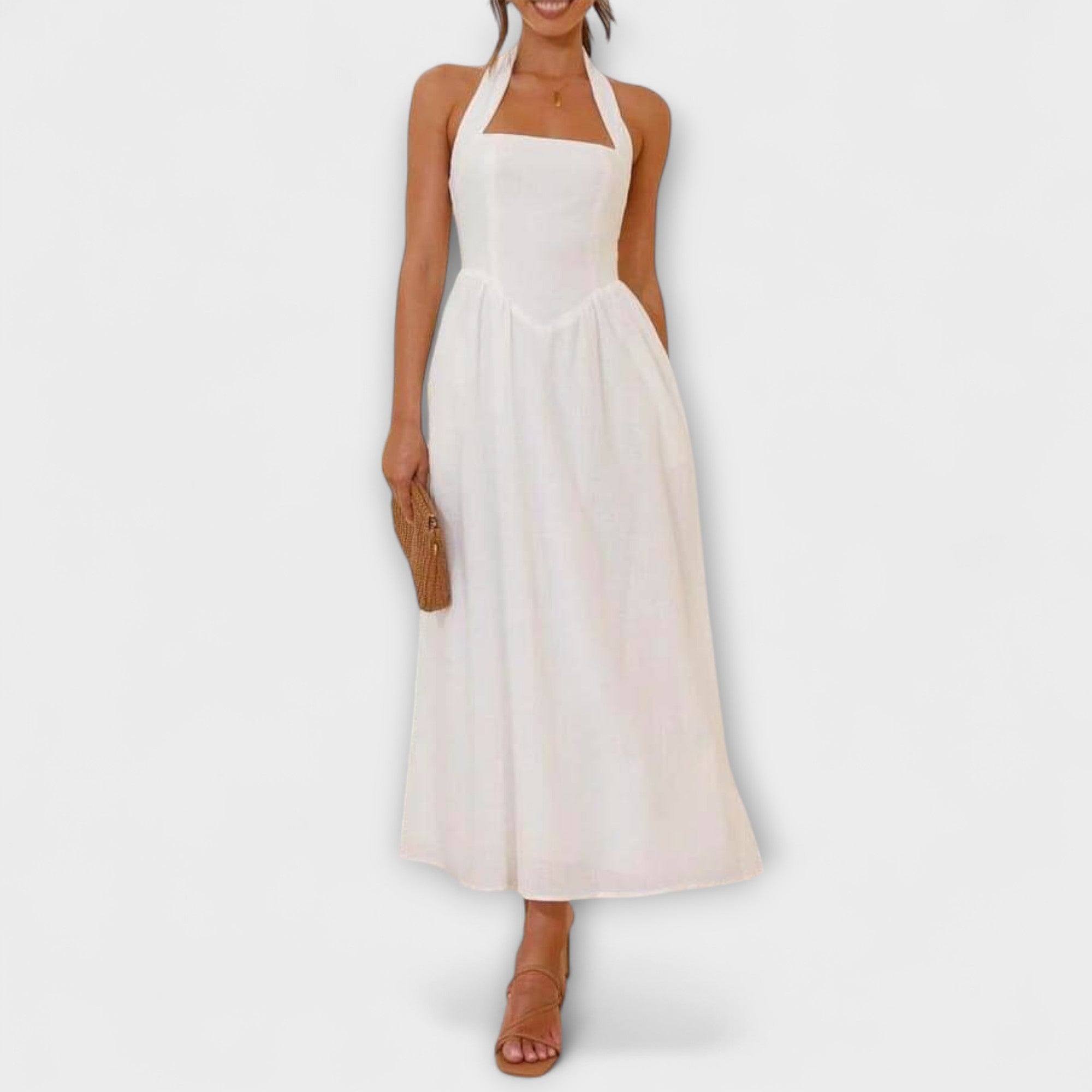 Lydia – Midilanges Neckholderkleid in Schwarz mit Taillendetail