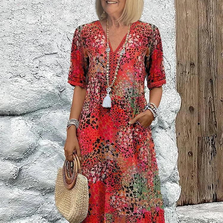 Lia - Rotes Midikleid mit Blütenmuster