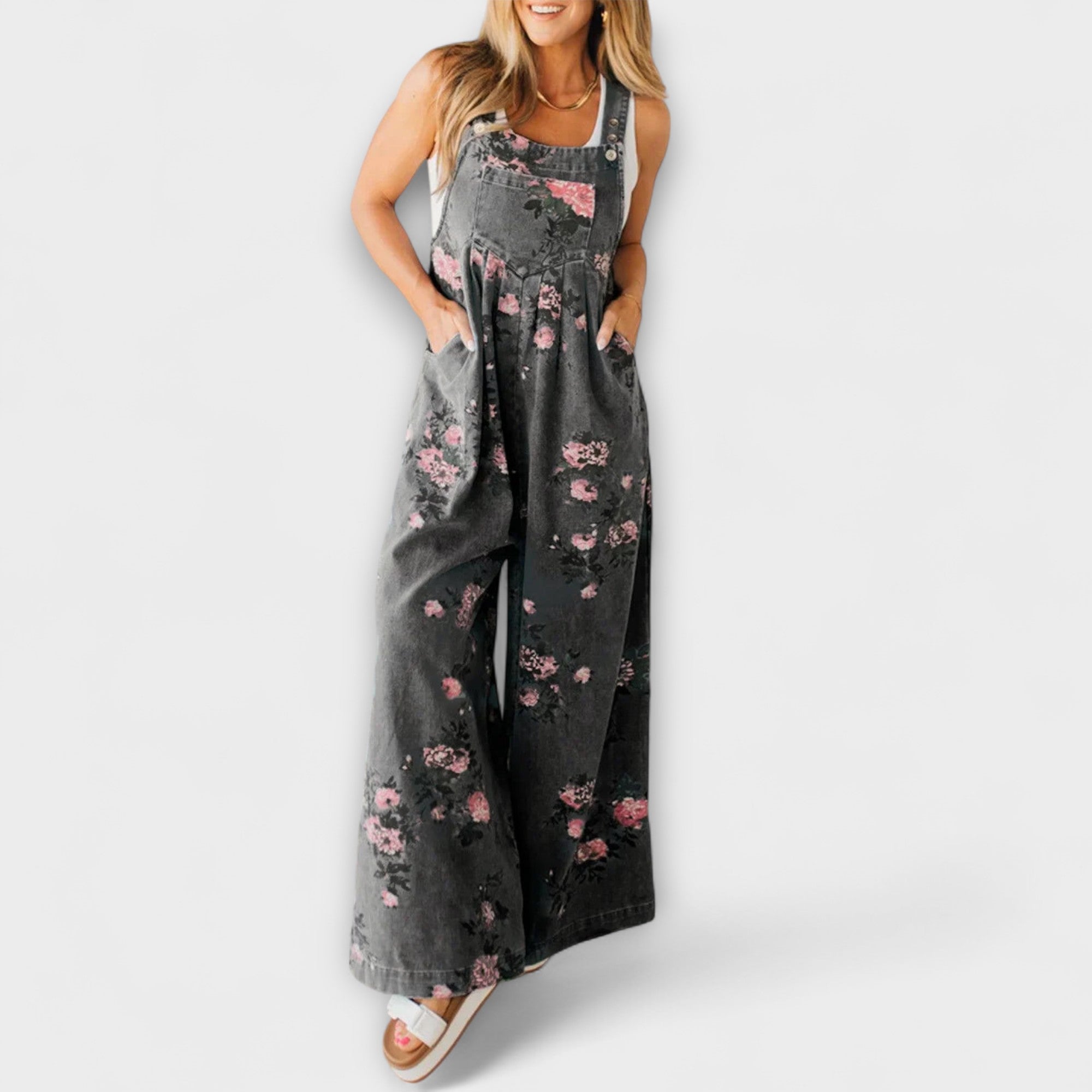 Bethany - Denim salopette met wijde pijpen en bloemenprint