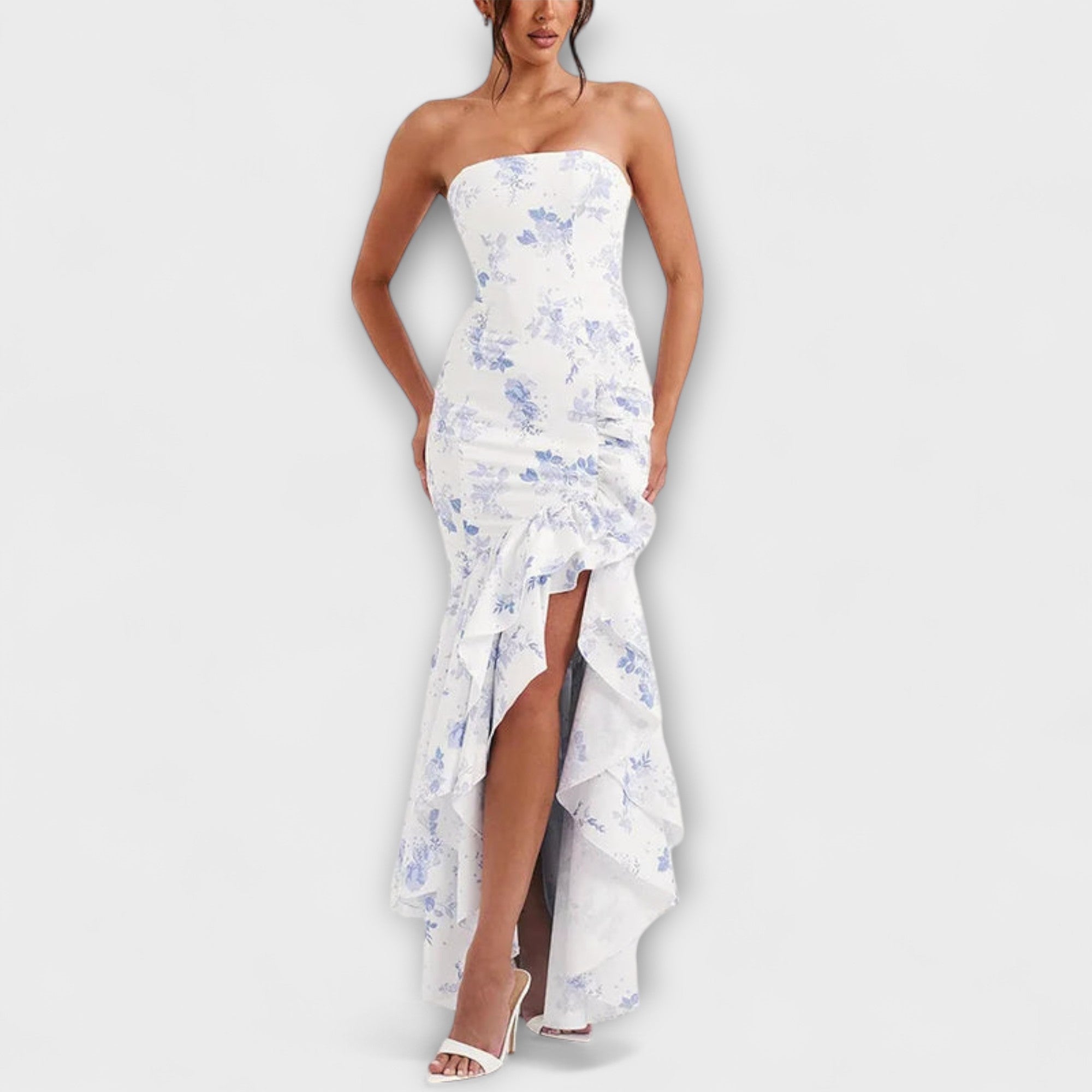 Zuri - Slim-fit maxi-jurk met asymmetrische zoom en off-shoulder
