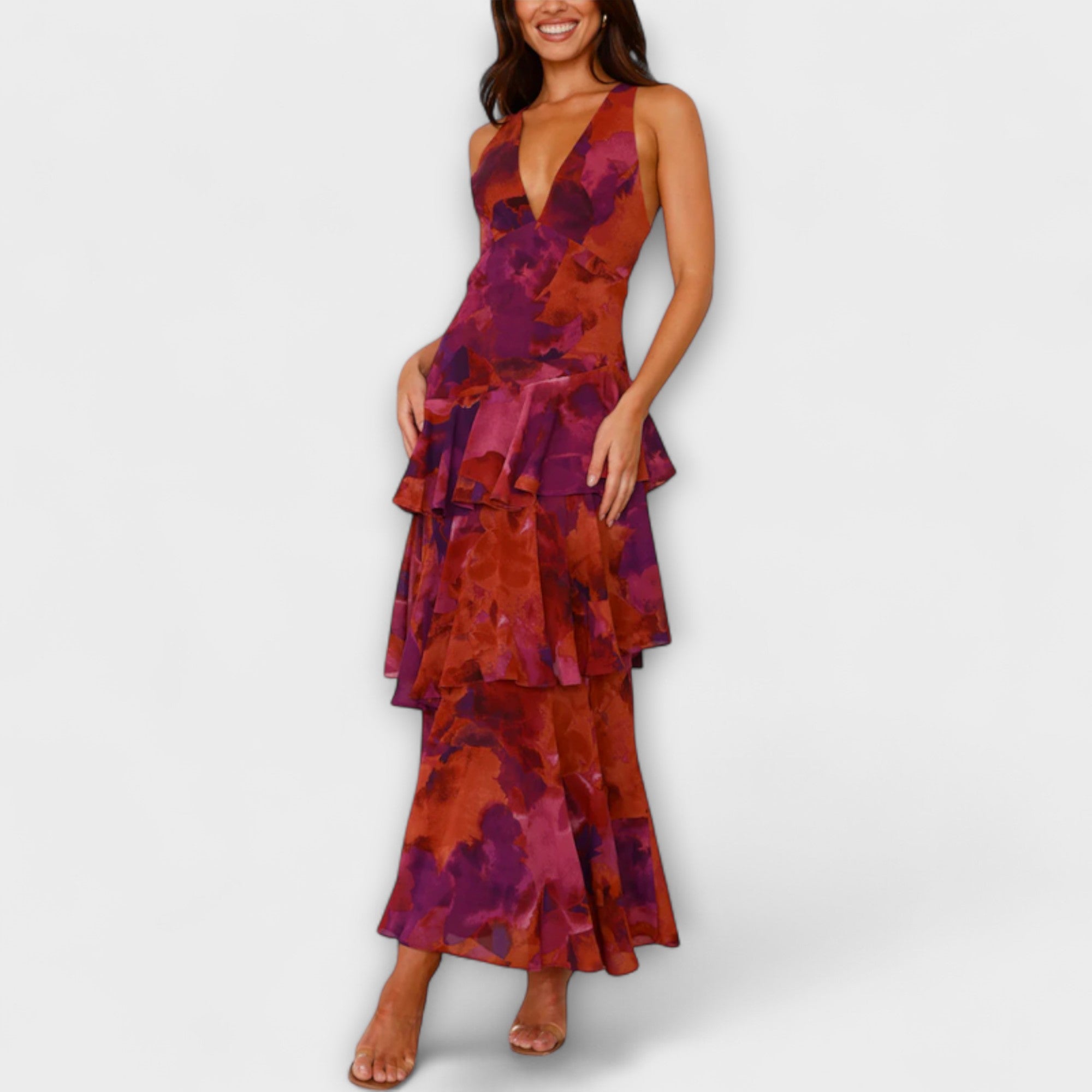 Domenica – Chiffonkleid mit V-Ausschnitt und fließenden Lagen