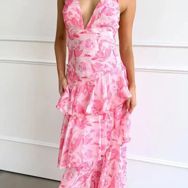 Marina - Rotes elegantes Langkleid mit Blüten