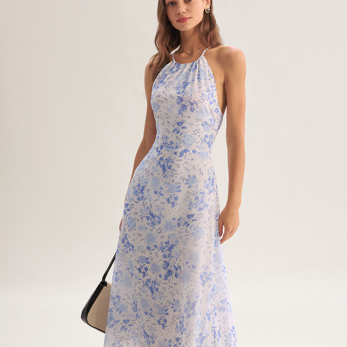 Clarice - Blaues Midikleid mit Blütenmuster